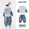 Terno Europeu para Meninos Outono Camiseta de Manga Longa Jeans Primavera e Outono Roupas Infantis Camiseta Básica Infantil Calças Compridas Meninos