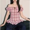 2025 Verano Encaje Retro Manga Corta Cuadros Camisa Corta para Mujer Babydoll Manga Abullonada Cintura