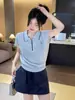 Nuevo Estilo Coreano de Verano Simple Cuello Polo Media Cremallera Bordado Manga Corta Reductor de Edad Tejido de Punto para Mujer
