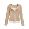 Top Sexy com Design Falso Duas Peças para Garota Popular, Manga Longa com Color-Blocking Único, Ajuste na Cintura, Patchwork Slim-Fit, Estilo Tendência