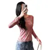 Camiseta de Manga Larga con Estampado Difuminado de Nuevo Estilo Otoño e Invierno para Mujer, Moderna y Única, Efecto Adelgazante, Estilo Occidental, Camiseta Interior de Alta Elasticidad, Tendencia
