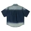 Camisa Jeans de Manga Curta Workwear com Lavagem Degradê Estilo Americano Qilin para Homens, Marca Tendência Unissex de Verão Estilo de Alta Inteligência