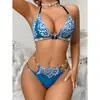 Nuevo conjunto de lencería sexy transfronterizo europeo y americano, conjunto de sujetador y bragas de encaje bordado con bloques de color sexy, lencería de tres piezas al por mayor