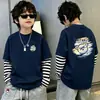 Camiseta de algodón 100% pura para niño, nueva de 2026, ropa infantil, imitación de dos piezas, manga larga, rayas, retazos, para primavera y otoño