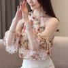 Camisa de gasa con encaje y costuras de malla floral para mujer, top de manga farol con hombros descubiertos, novedad de verano de 2024