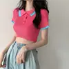 Camiseta corta estilo coreano INS, elegante, con contraste, estilo POLO, informal, de verano, básica, de punto, ajustada, para mujer