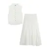 Elegante y suave conjunto de top sin mangas con cuello alto y botones enjoyados con bordado calado + falda midi de cintura alta en línea A