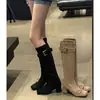 Botas longas femininas justas estilo coreano em camurça, botas elásticas, novo estilo outono e inverno, bico quadrado, laço, salto médio grosso, botas femininas over-the-knee