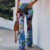 Calça Longa Casual Feminina Irregular Estampada Tendência Cruzada Verão 2025 com Estampas Florais e de Pássaros, Solta