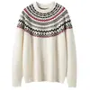 Suéter de Cachemira para Mujer Jacquard Fair Isle Retro Cuello Redondo Capa Base Tejido Grueso Cálido Ropa de Punto Holgada Capa Base de Punto