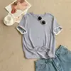 Camiseta de Algodão Texturizado Floco de Neve Cor Sólida Estilo Coreano com Borda Enrolada de Manga Curta para Mulheres, Estilo Fino de Verão, Caimento Ajustado, Estilosa e Realçadora da Tez