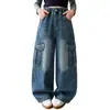 Jeans de Primavera y Otoño para Niñas 2026 Nuevos Casuales Estilo Coreano Niña Niños Medianos y Grandes Retro Ropa de Trabajo Pantalones de Pierna Ancha Transfronterizo