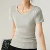 Verano 2025 Nuevo Estilo Ajustado Cuello Redondo Manga Corta Top Versátil Color Sólido Base Acanalada Camisa Personalizable