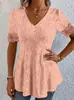 Blusa Feminina Customizada de Manga Curta com Decote V e Recortes, Estilo Evasê que Marca a Cintura, Várias Cores Disponíveis, Processamento com Imagens e Amostras Fornecidas