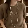 Colar de Pérola Trevo de Quatro Folhas Totalmente Cravejado de Diamantes, Venda Quente Transfronteiriça, Corrente de Suéter Simples Versátil para Outono e Inverno, Acessório de Nicho de Alto Padrão