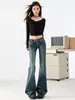 Calça jeans flare estilo americano para mulheres, coleção primavera/outono 2026, lavagem azul vintage, comprimento total, hot girl, stretch, cintura ultrabaixa, boca de sino