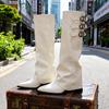 Couro Macio~Botas de Calça de Bico Fino de Nicho com Aumento Interno para Mulheres com Fivela de Cinto Botas Brancas de Cano Alto Botas de Cavaleiro com Salto Anabela