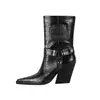 Hebilla de cinturón comercio exterior Amazon 2023 botines puntiagudos de tacón grueso botas nuevas marrón oscuro rojo vino mujer
