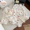 Dulce pijama estilo princesa con sujetador incorporado, de manga larga, adecuado para primavera y otoño, con cuello de muñeca, encaje en forma de corazón y un diseño lindo, perfecto como un cómodo conjunto de ropa de estar en casa