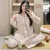 Renda de Borboleta Verde Cinza Outono Novo Algodão Nuvem com Bojos Pijama Feminino Manga Longa Calça Longa Solto Roupa de Casa