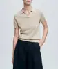 Top de punto fino de lino con cuello polo y manga corta para mujer 25 Verano Lyocell Vintage Camisa polo de cuello en V