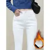 Jeans Branco Skinny Feminino de Inverno com Cintura Alta, Forrado com Fleece, Espesso, Emagrecedor, Elástico, Quente Leggings Calças Bootcut Femininas