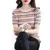 Tops de Manga Curta para Mulheres Verão 2023 Gola Redonda Vazado Soltos Emagrecedores Tricô Listrado Arco-Íris Camiseta Casual Japonês Coreano