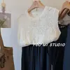Chaleco de punto sin mangas con cuello redondo, jacquard hueco vintage, ajuste slim, 30% lana de oveja, coreano, para mujer, para llevar por fuera