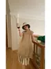 Foto real 2026 estilo coreano saia de renda de algodão e linho solta sem mangas frente e verso two-wear + conjunto de calça listrada