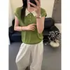 Top de punto estilo coreano para mujer con cuello de muñeca y manga acampanada, corte holgado, adelgazante, rejuvenecedor, camiseta de manga corta, top ligero, ropa de verano para mujer