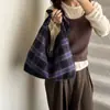 Bolsa de Lienzo a Cuadros Artística Retro Estilo Coreano de Primavera, Bolsa Tote de Gran Capacidad, Bolso de Hombro Versátil Casual para Estudiantes