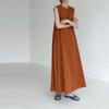 Nova Saia A-Line de Algodão Puro, Saia Longa Solta Estilo Coreano, Vestido Casual de Nicho Versátil Cor Pura Sem Mangas Decote Redondo para Mulheres