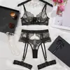 Conjunto de Lencería Transparente Retro Francés Europeo Hebilla de Metal Abertura Frontal Liguero Anillo para Pierna Conjunto Sexy de Cuatro Piezas