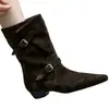 Botas de Piel de Vaca Estilo Francés Elegantes Punta Cuadrada Pequeña Tacón Grueso Adelgazantes Adelgazantes Hebilla Doble de Cuero Botas Vaqueras Occidentales Botines de Invierno para Mujer