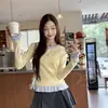Camiseta de Manga Larga a Cuadros Falsa de Dos Piezas para Mujer, Nuevo Estilo Otoño e Invierno, Camiseta Base de Capa Interior con Encaje, Top Dulce y Picante Chic, Amarillo