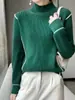Nuevo Suéter de Punto Grueso de Lana 100% con Cuello Alto Falso de Siete Agujas, Manga Larga, Bloques de Color, Prenda Base para Otoño e Invierno 2025