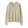 Suéter de punto de alta gama listo para usar para mujer, con cuello en V y manga larga, corte holgado, adecuado para primavera y otoño, top tipo camiseta base sin costuras