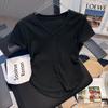 Tiro Real de Diseño Plisado Estilo Puro Lujoso Camiseta de Manga Corta con Cuello en V para Mujer Verano 2024 Nuevo Top Corto Ajustado
