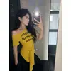 Camiseta de Verano Talla Grande para Mujer con Estampado de Letras 'mm', Hombro Descubierto, Manga Corta, Top de Tirantes Dulce, Sexy y Chic para Adelgazar la Cintura