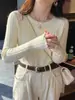 Novidades Roupas Femininas Camada Base Outono Inverno Top de Tricô com Borda Branca Top Primavera/Outono Suéter Slim Fit