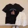 Camiseta de Algodón Puro con Hombros Rectos para Mujer, Verano 2026, Diseño con Estampado de Conejo, Top de Nicho, Estilo Coreano, Suelta Casual de Manga Corta
