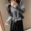 Suéter de Tricô com Cadarço na Cintura Estilo Coreano Preguiçoso para Mulheres, Nova Moda de Inverno, Suéter Solto Elegante e Emagrecedor para Roupa Externa