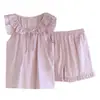 Pijama Curto de Gaze de Algodão Puro com Manga Curta para Mulheres, Doce Laço de Renda Conjunto de Roupa de Casa Fina de Algodão para Verão