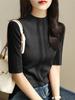 Camisa Base Gris para Mujer, Cuello Medio Alto de Alta Gama, Manga de Tres Cuartos, Top de Manga Media Ajustado, Camiseta de Punto A7691
