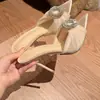 Pantuflas de verano para mujer para exteriores, modelo nuevo 2025, zapatos de tacón alto con tacones finos, punta fina, pedrería, sandalias de estilo francés para combinar con faldas