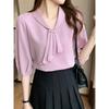 Camisa de gasa con lazo de manga corta para mujer, camisa con sentido del diseño 2025 verano nuevo sentido colgante top profesional rosa