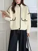Cardigan de Lã Tricotado Dupla Face com Gola Alta e Cor Contrastante, Estilo Novo Primavera 2026, Estilo Coreano, Solto, Casual, Versátil, Casaco Suéter para Mulheres