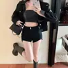 Shorts de mezclilla versátiles de talla grande en color café y negro para mujer, de verano, elásticos, de cintura alta, adelgazantes, de pierna recta, ajustados, tipo hot pants