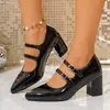 Comercio electrónico transfronterizo, talla grande, colección nueva primavera/otoño 2026, zapatos Mary Jane de tacón alto para mujer, punta fina, tacón grueso, diseño de doble tira con hebilla, zapatos pequeños de piel