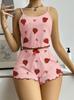 Tentación de Cereza Venta Caliente Transfronteriza Ropa para el Hogar Shorts de Tirantes con Estampado de Amor Ropa Exterior Casual Traje de Pijama para Mujer